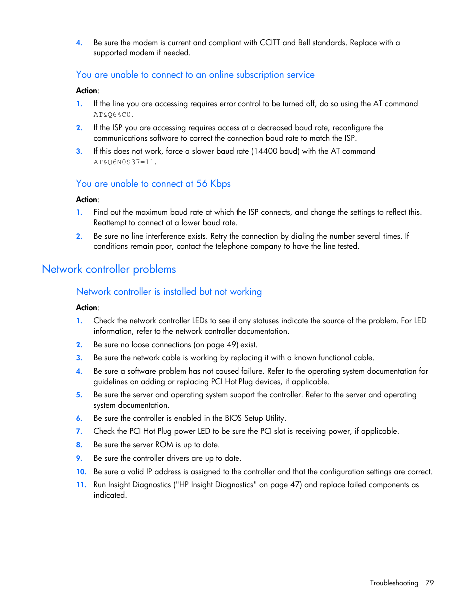 Network controller problems, Networ, K controller problems | HP ProLiant DL100 Series Server DL100 Series User Manual | Page 79 / 109