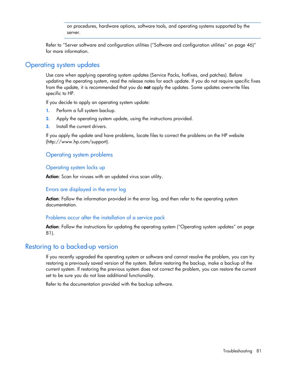 Operating system updates, Restoring to a backed-up version, Opera | Restorin t, Ting system updates, G o a backed-up version | HP ProLiant DL100 Series Server DL100 Series User Manual | Page 81 / 109