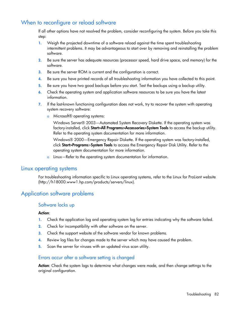 When to reconfigure or reload software, Linux operating systems, Application software problems | When to reco, Applica, Nfigure or reload software, Tion software problems | HP ProLiant DL100 Series Server DL100 Series User Manual | Page 82 / 109