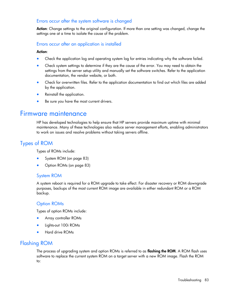 Firmware maintenance, Types of rom, Flashing rom | Flashing o | HP ProLiant DL100 Series Server DL100 Series User Manual | Page 83 / 109