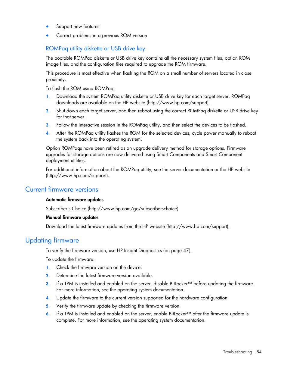 Current firmware versions, Updating firmware, Contacting hp | Curren m, Updating mw, T fir ware versions, Fir are | HP ProLiant DL100 Series Server DL100 Series User Manual | Page 84 / 109