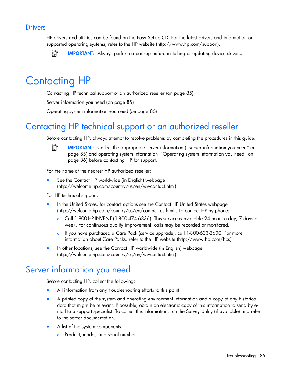 Drivers, Contacting hp, Server information you need | Ge 85), Cont c, A ting hp, Conta ti reseller, C ng hp technical support or an authorized | HP ProLiant DL100 Series Server DL100 Series User Manual | Page 85 / 109