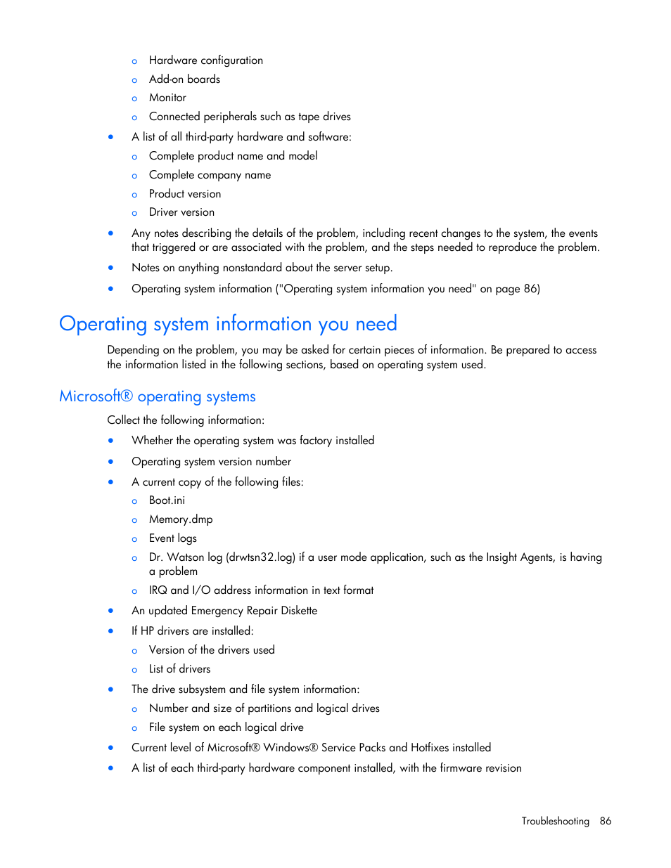 Operating system information you need, Microsoft® operating systems, Ge 86) | HP ProLiant DL100 Series Server DL100 Series User Manual | Page 86 / 109