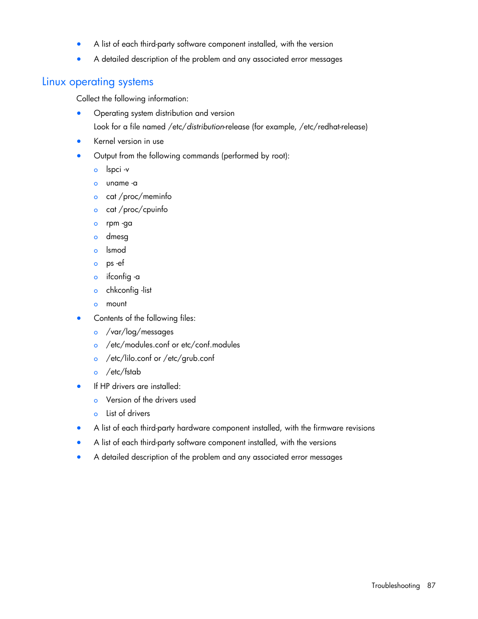 Linux operating systems | HP ProLiant DL100 Series Server DL100 Series User Manual | Page 87 / 109