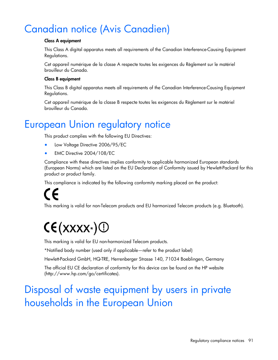 Canadian notice (avis canadien), European union regulatory notice, Disp household | HP ProLiant DL100 Series Server DL100 Series User Manual | Page 91 / 109