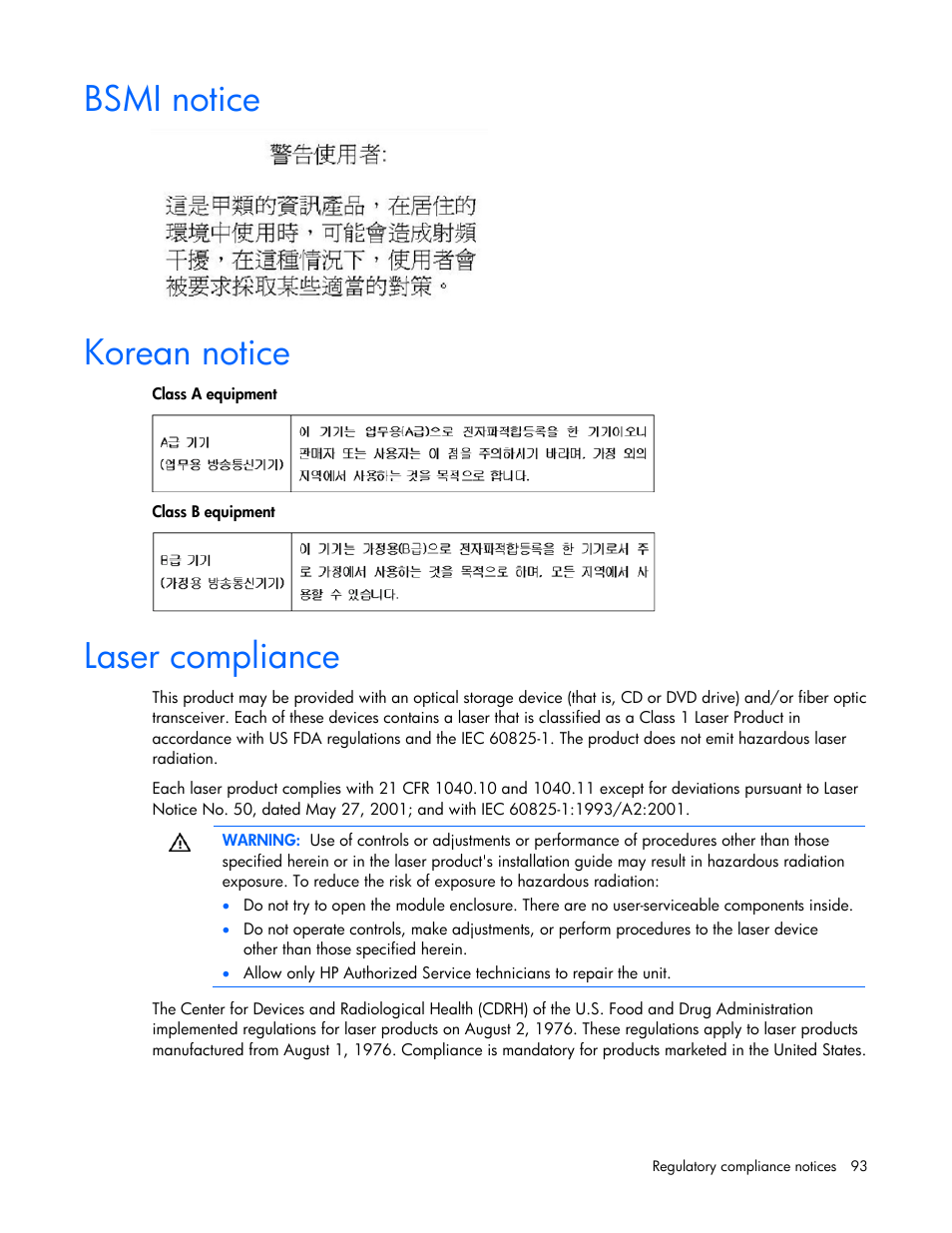 Bsmi notice, Korean notice, Laser compliance | Laser com, Pliance | HP ProLiant DL100 Series Server DL100 Series User Manual | Page 93 / 109