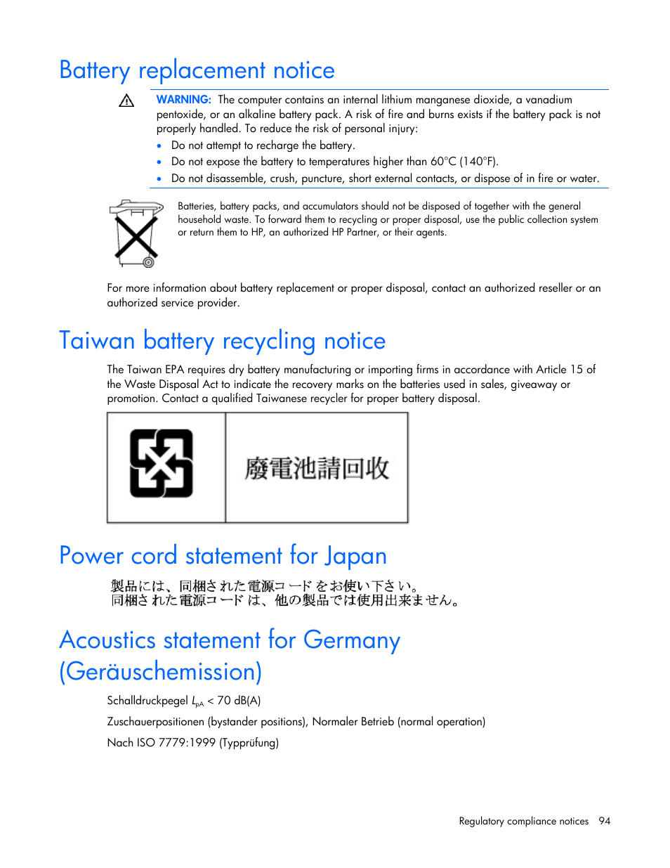 Battery replacement notice, Taiwan battery recycling notice, Power cord statement for japan | Acoustics statement for germany (geräuschemission), Batte l, Ry rep acement notice | HP ProLiant DL100 Series Server DL100 Series User Manual | Page 94 / 109