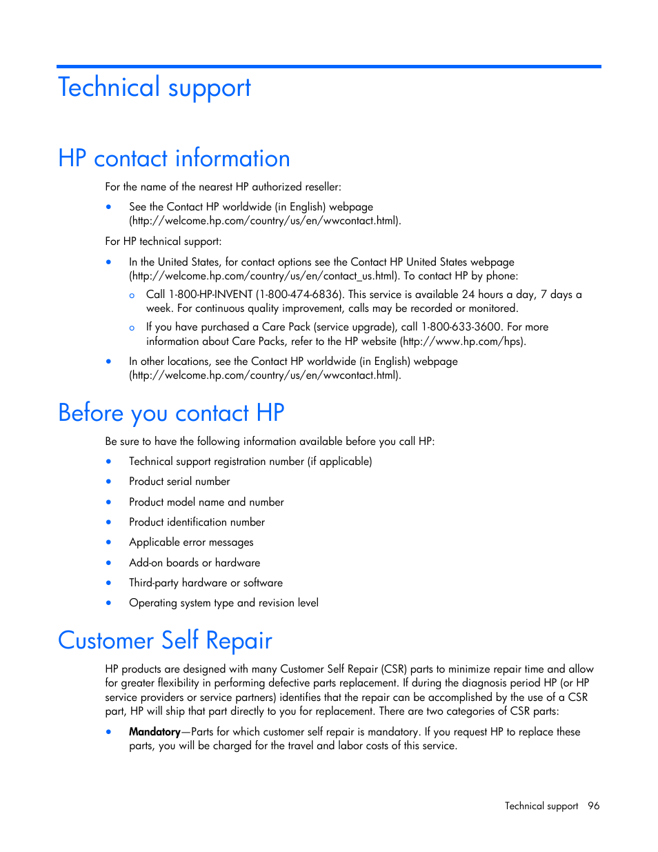 Technical support, Hp contact information, Before you contact hp | Customer self repair, Ge 96) | HP ProLiant DL100 Series Server DL100 Series User Manual | Page 96 / 109