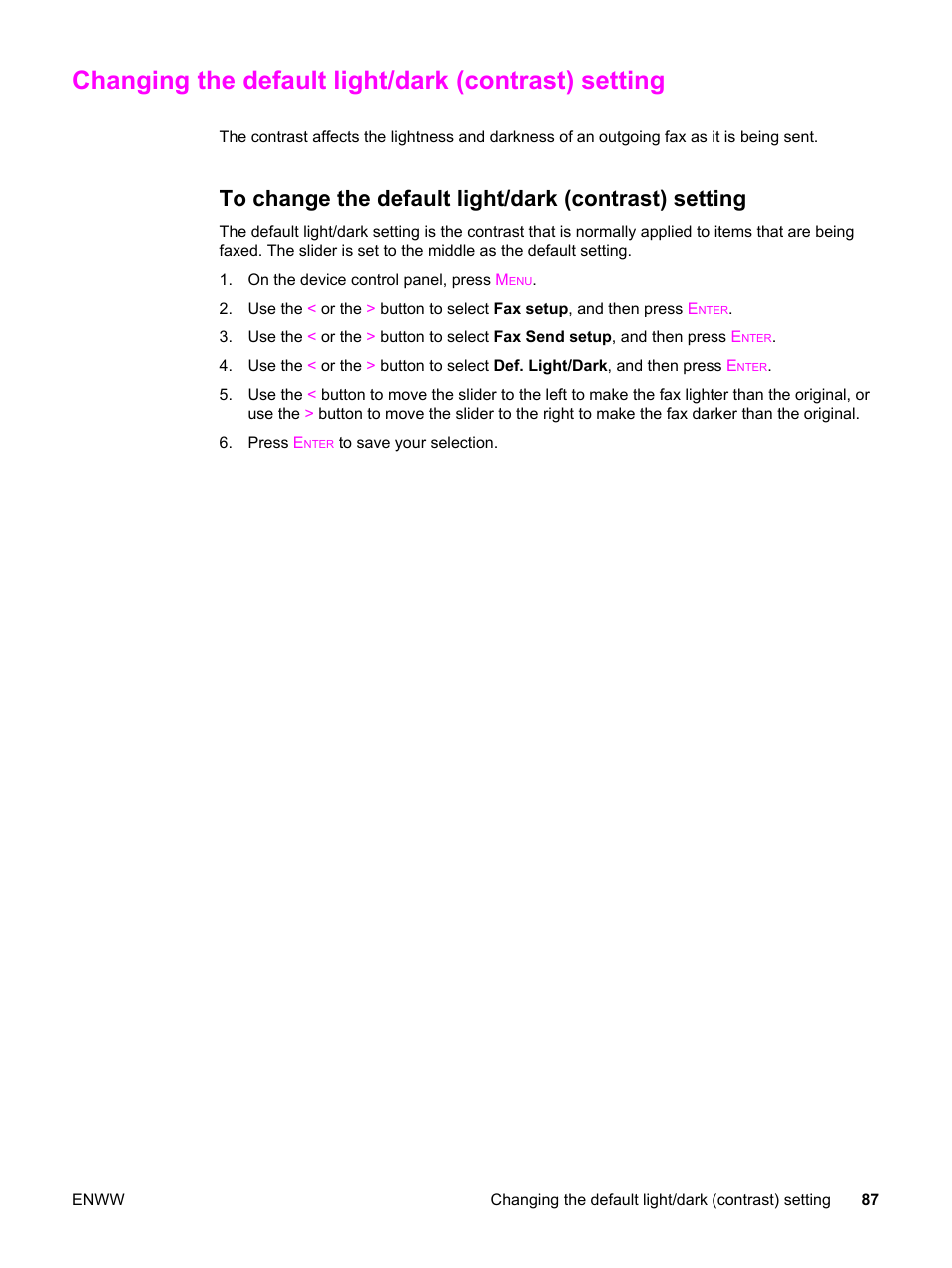 Changing the default light/dark (contrast) setting | HP 2830 User Manual | Page 103 / 334