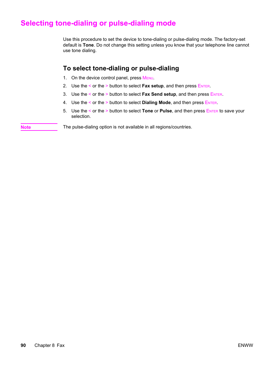 Selecting tone-dialing or pulse-dialing mode, To select tone-dialing or pulse-dialing | HP 2830 User Manual | Page 106 / 334