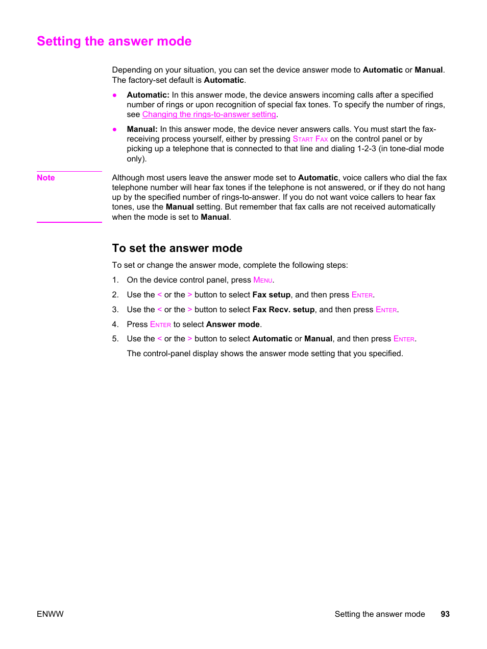 Setting the answer mode, To set the answer mode | HP 2830 User Manual | Page 109 / 334