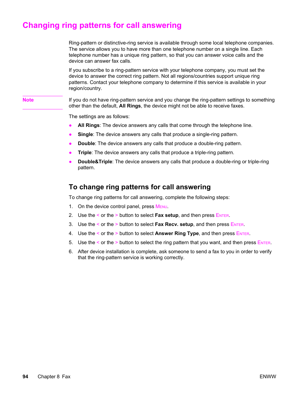 Changing ring patterns for call answering, To change ring patterns for call answering | HP 2830 User Manual | Page 110 / 334