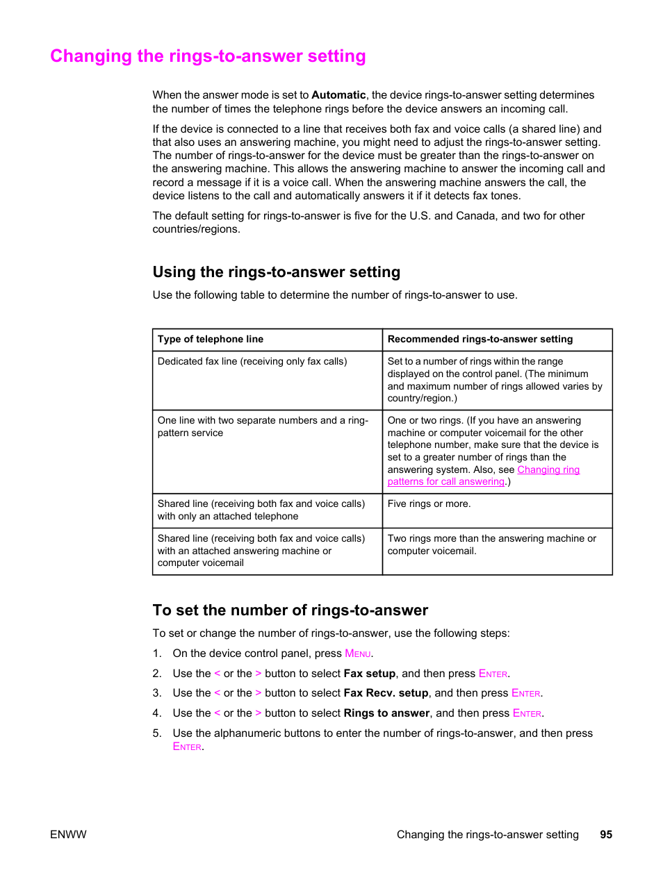 Changing the rings-to-answer setting, Using the rings-to-answer setting, To set the number of rings-to-answer | HP 2830 User Manual | Page 111 / 334