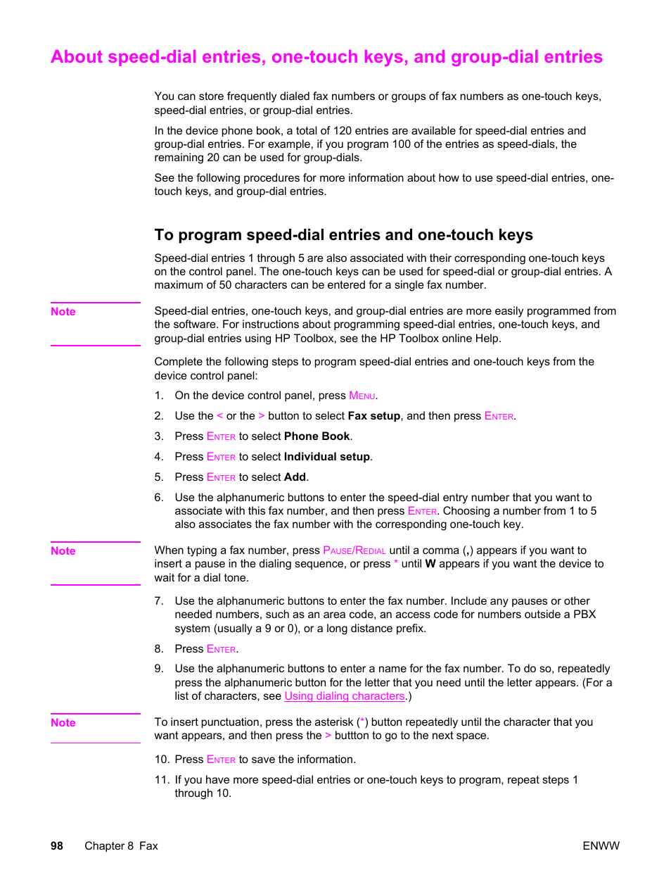 To program speed-dial entries and one-touch keys, Entry. see | HP 2830 User Manual | Page 114 / 334