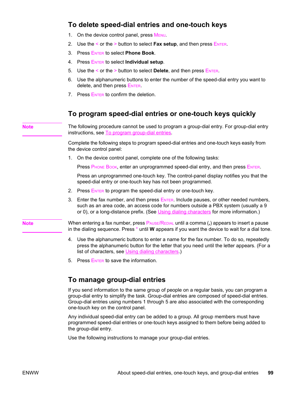 To delete speed-dial entries and one-touch keys, To manage group-dial entries | HP 2830 User Manual | Page 115 / 334