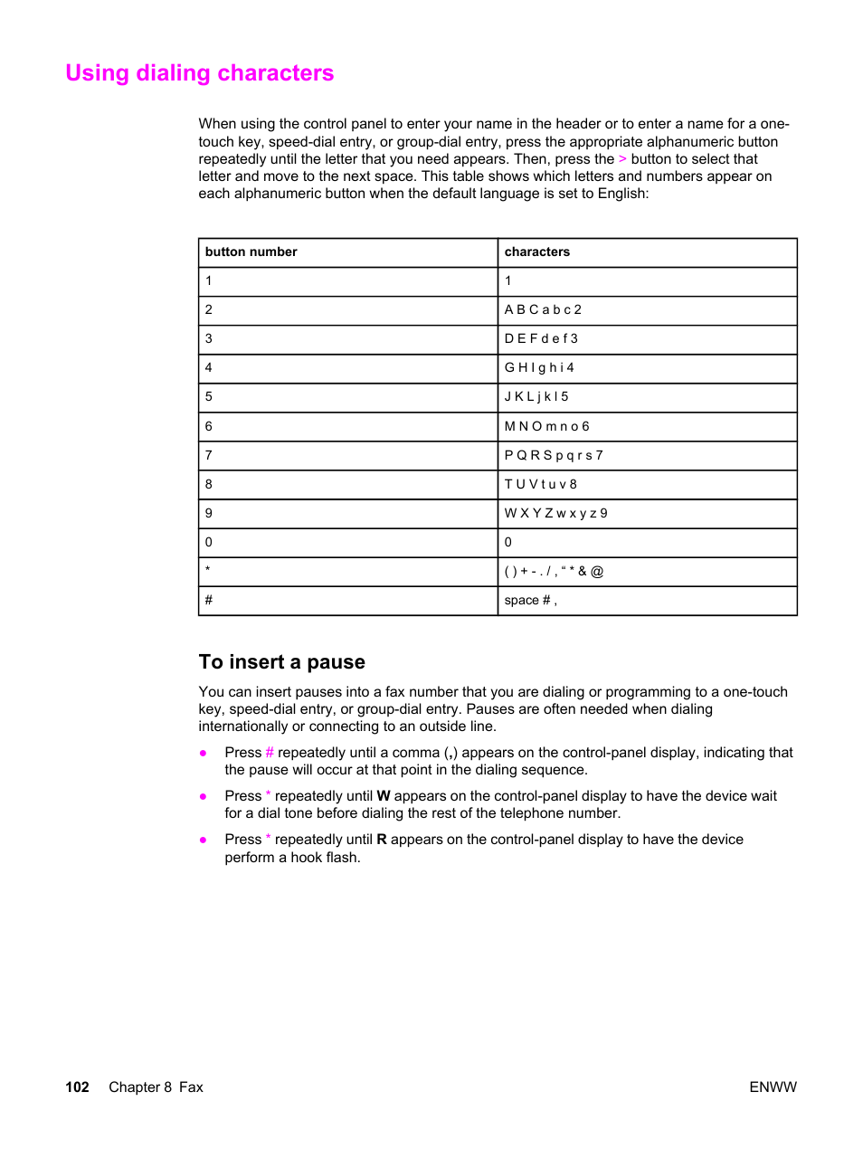 Using dialing characters, To insert a pause, Using dialing | Characters, For more information, Prefix. (see, For more information.) | HP 2830 User Manual | Page 118 / 334