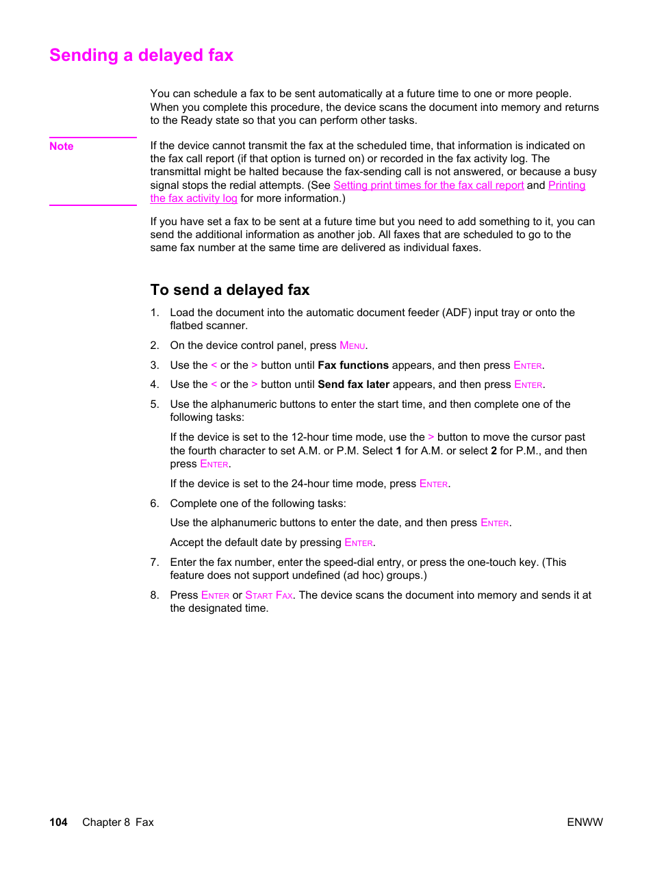 Sending a delayed fax, To send a delayed fax | HP 2830 User Manual | Page 120 / 334