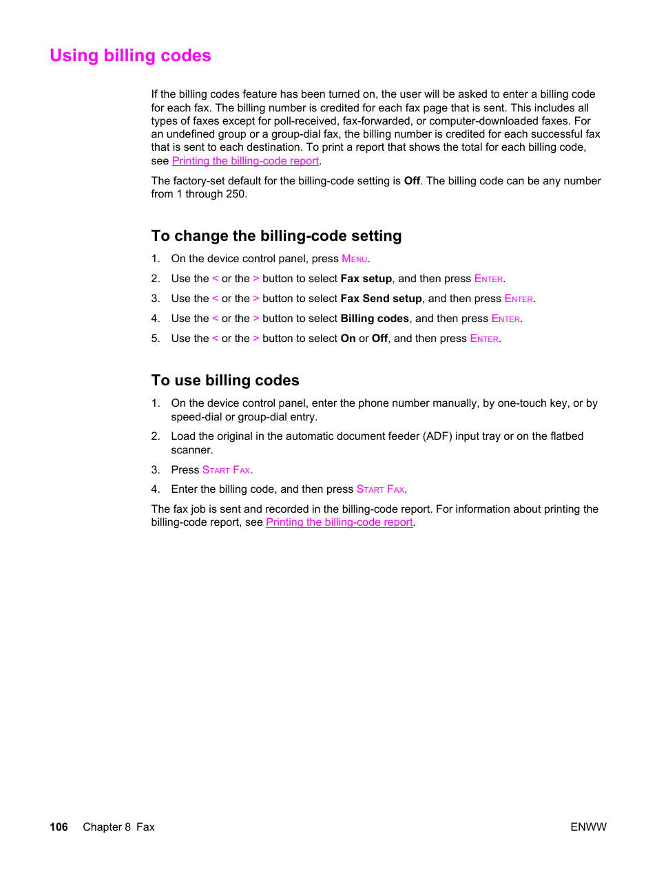 Using billing codes, To change the billing-code setting, To use billing codes | HP 2830 User Manual | Page 122 / 334