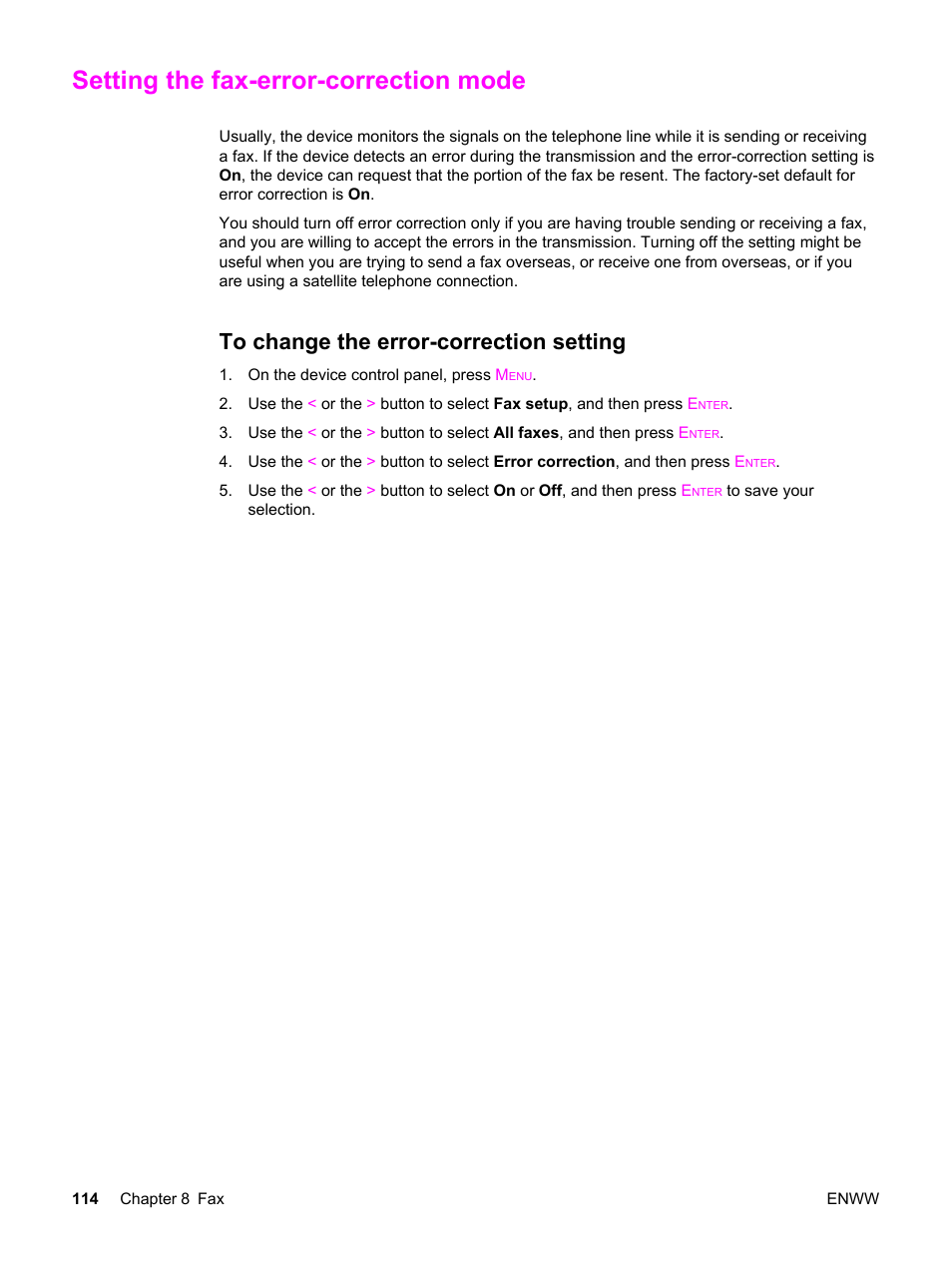 Setting the fax-error-correction mode, To change the error-correction setting | HP 2830 User Manual | Page 130 / 334