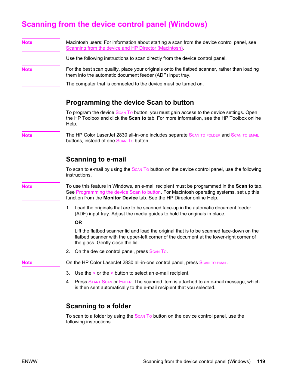 Scanning from the device control panel (windows), Programming the device scan to button, Scanning to e-mail | Scanning to a folder, For more information, see | HP 2830 User Manual | Page 135 / 334