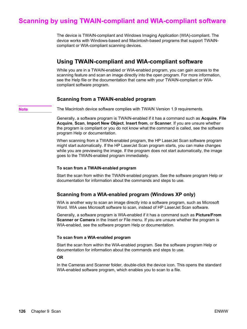 Using twain-compliant and wia-compliant software, Scanning by using twain-compliant and wia, Compliant software | Scanning by using twain-compliant and, Wia-compliant software | HP 2830 User Manual | Page 142 / 334