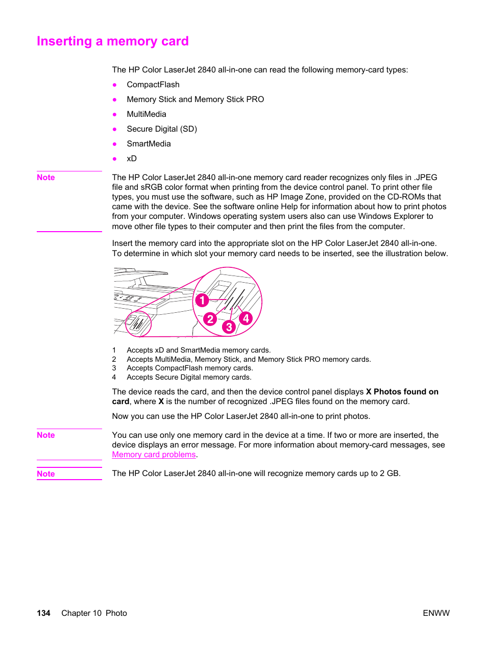 Inserting a memory card | HP 2830 User Manual | Page 150 / 334