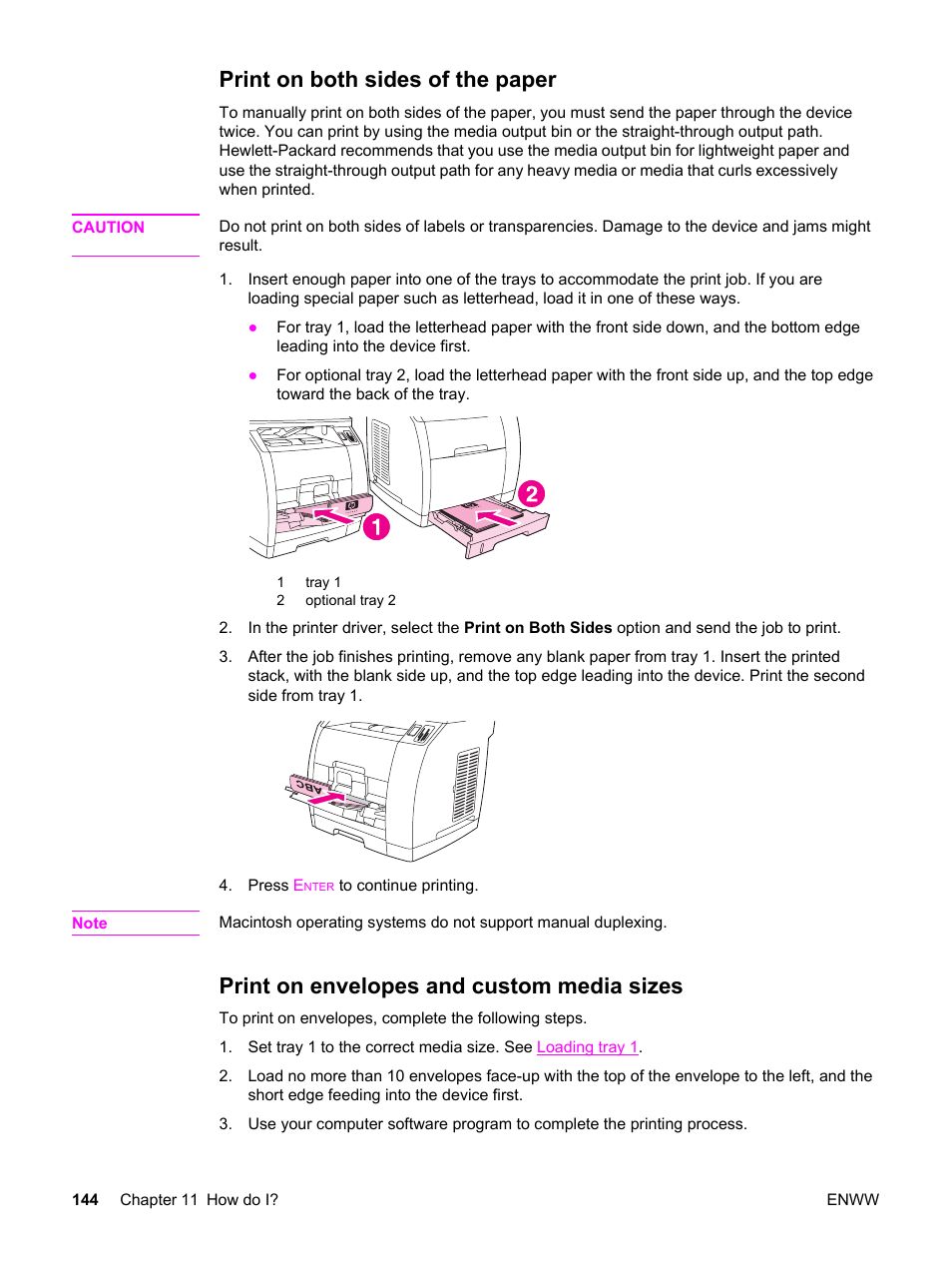 Print on both sides of the paper, Print on envelopes and custom media sizes | HP 2830 User Manual | Page 160 / 334