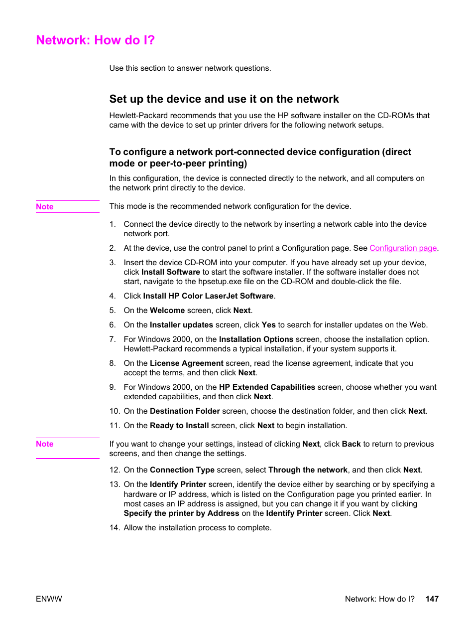 Network: how do i, Set up the device and use it on the network | HP 2830 User Manual | Page 163 / 334