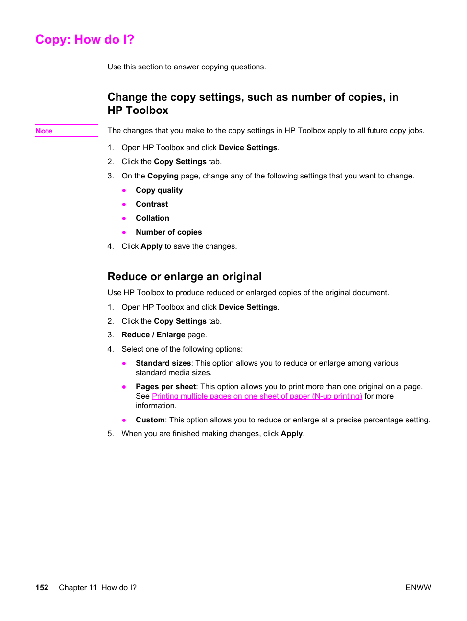 Copy: how do i, Reduce or enlarge an original | HP 2830 User Manual | Page 168 / 334