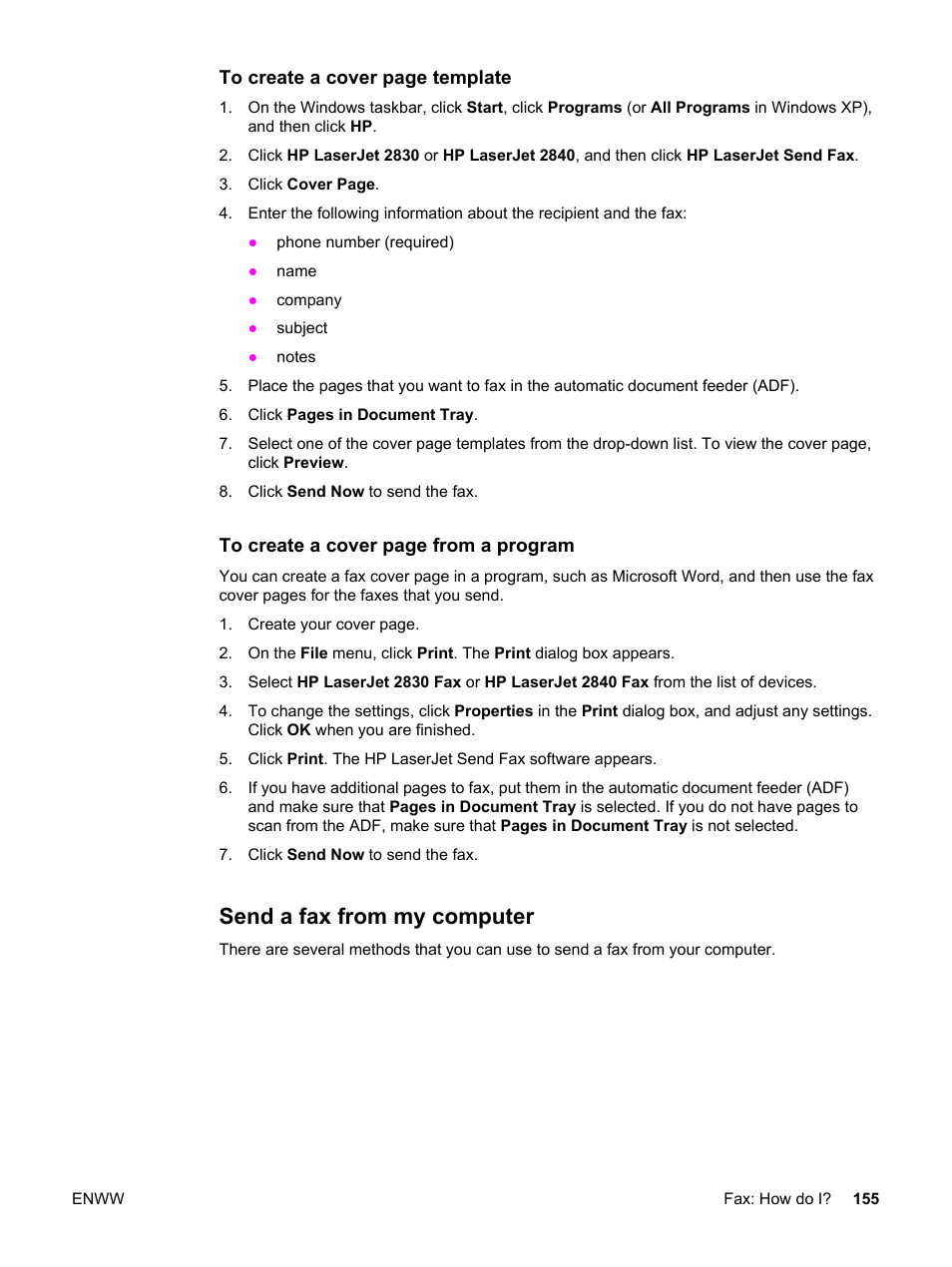 Send a fax from my computer | HP 2830 User Manual | Page 171 / 334