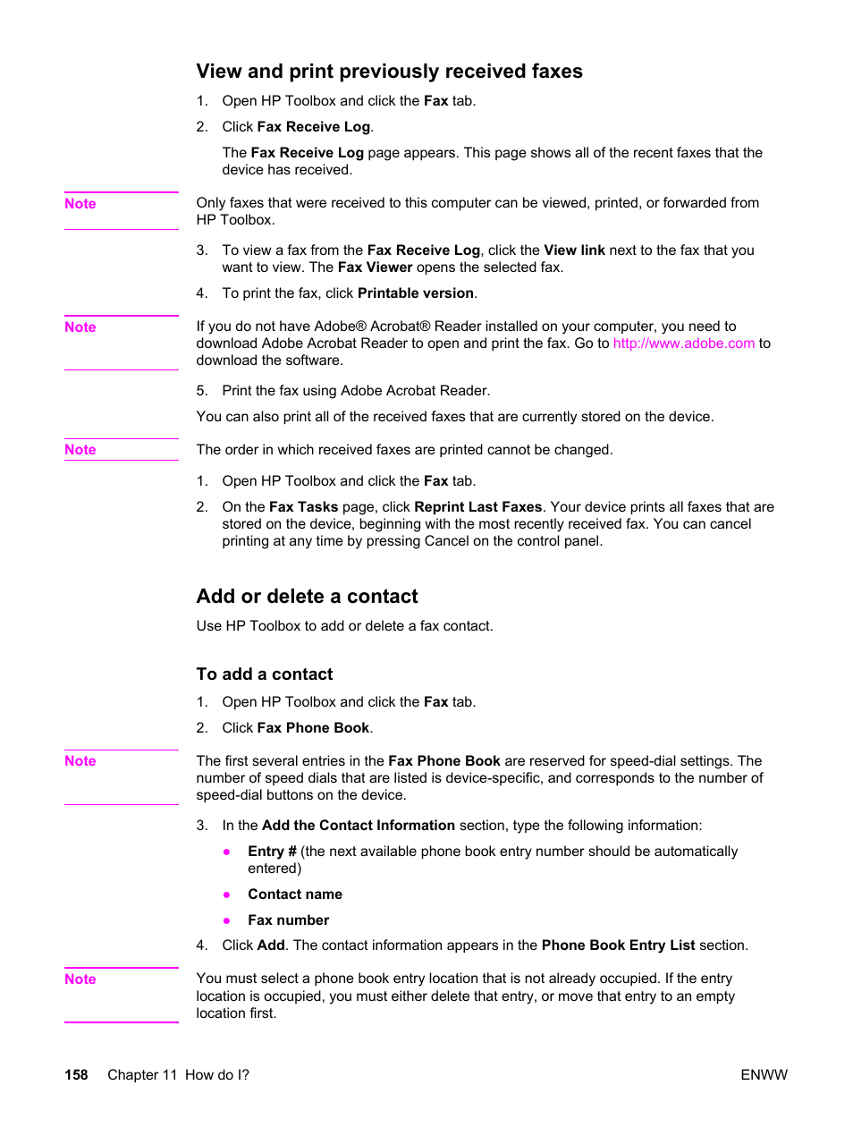 View and print previously received faxes, Add or delete a contact | HP 2830 User Manual | Page 174 / 334