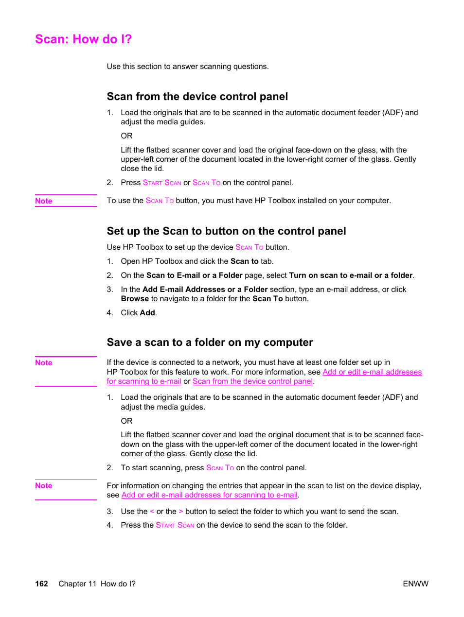 Scan: how do i, Scan from the device control panel, Set up the scan to button on the control panel | Save a scan to a folder on my computer | HP 2830 User Manual | Page 178 / 334