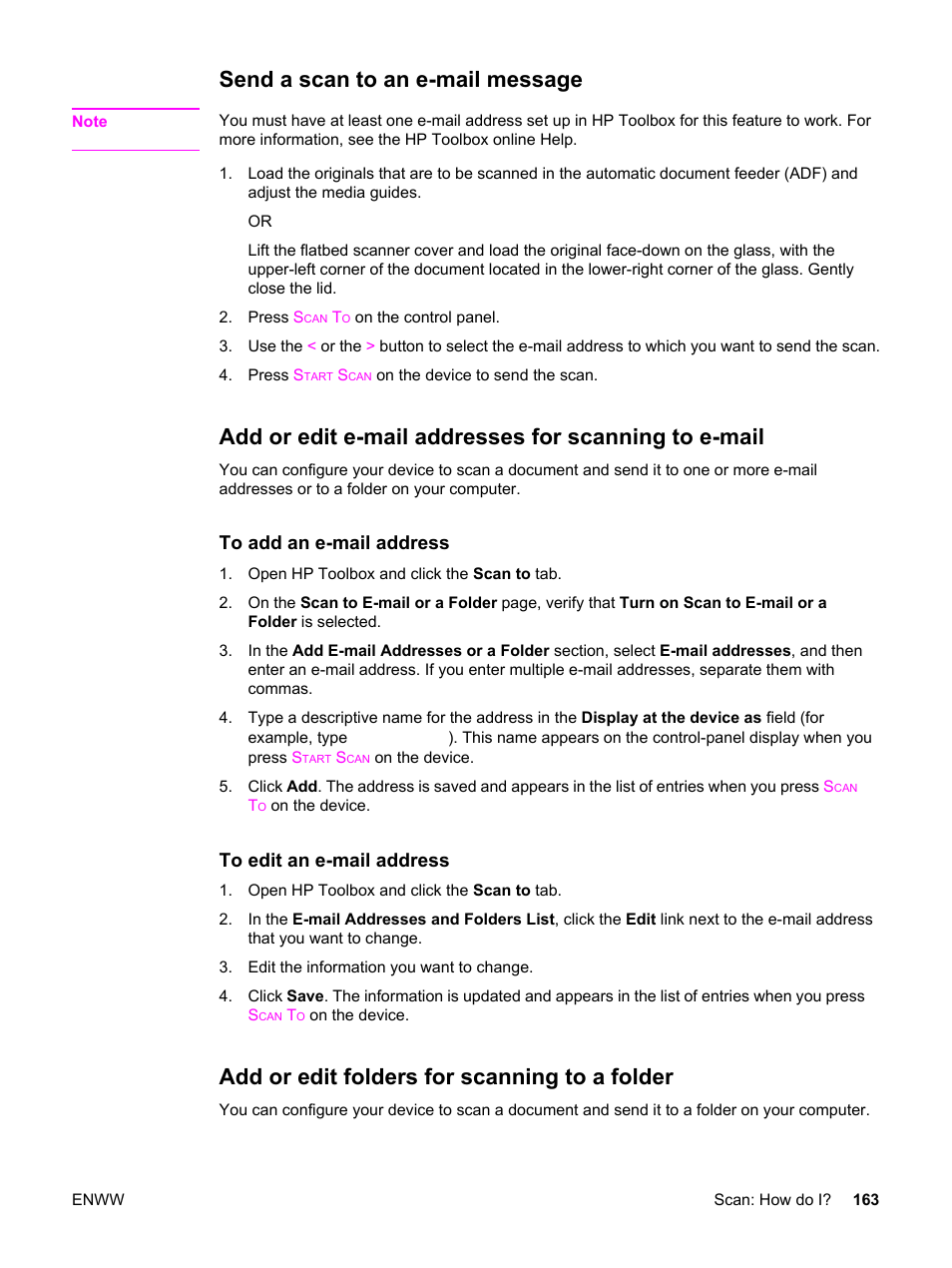 Send a scan to an e-mail message, Add or edit folders for scanning to a folder, Add or edit e-mail addresses | For scanning to e-mail | HP 2830 User Manual | Page 179 / 334