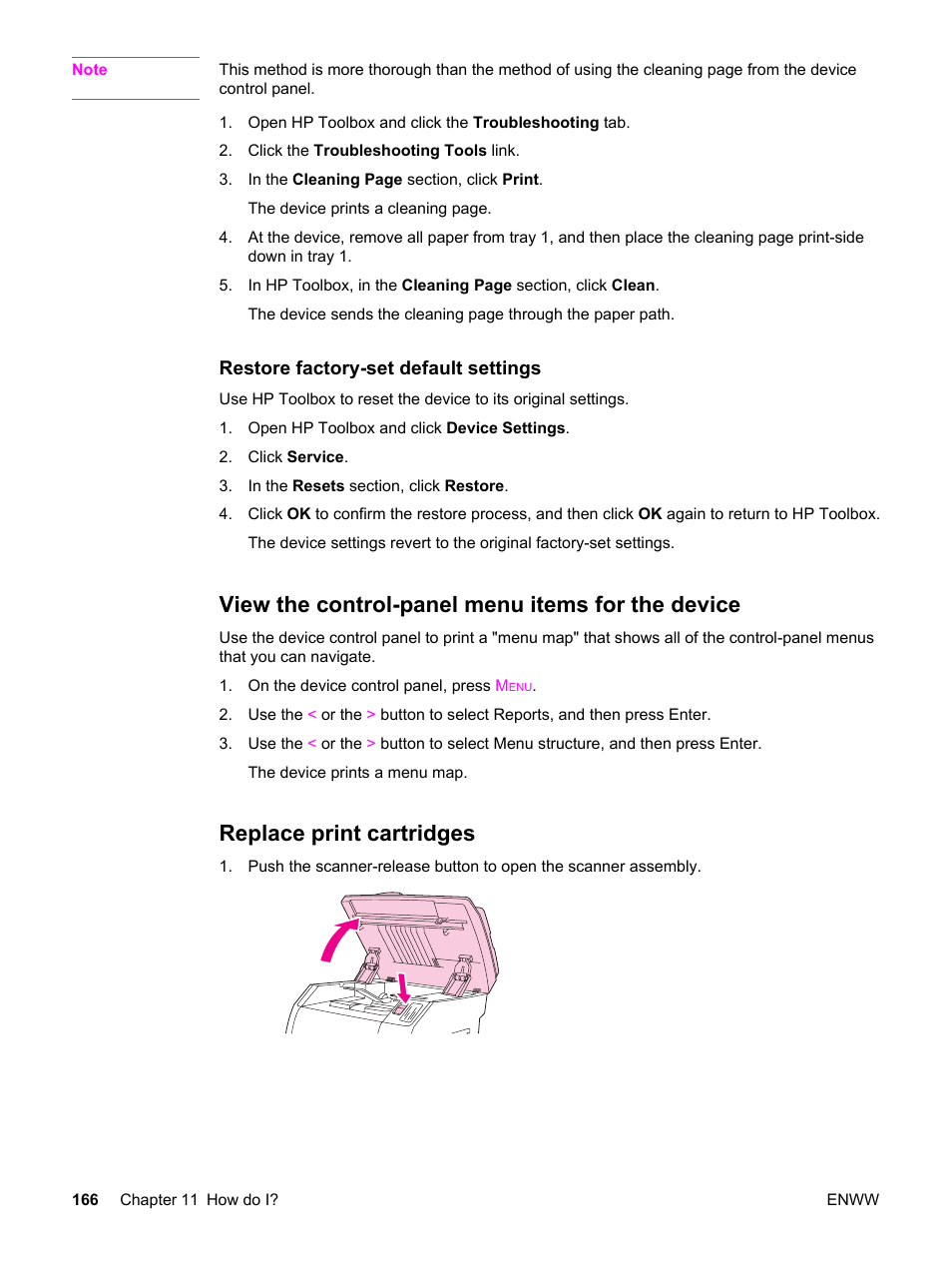 View the control-panel menu items for the device, Replace print cartridges | HP 2830 User Manual | Page 182 / 334