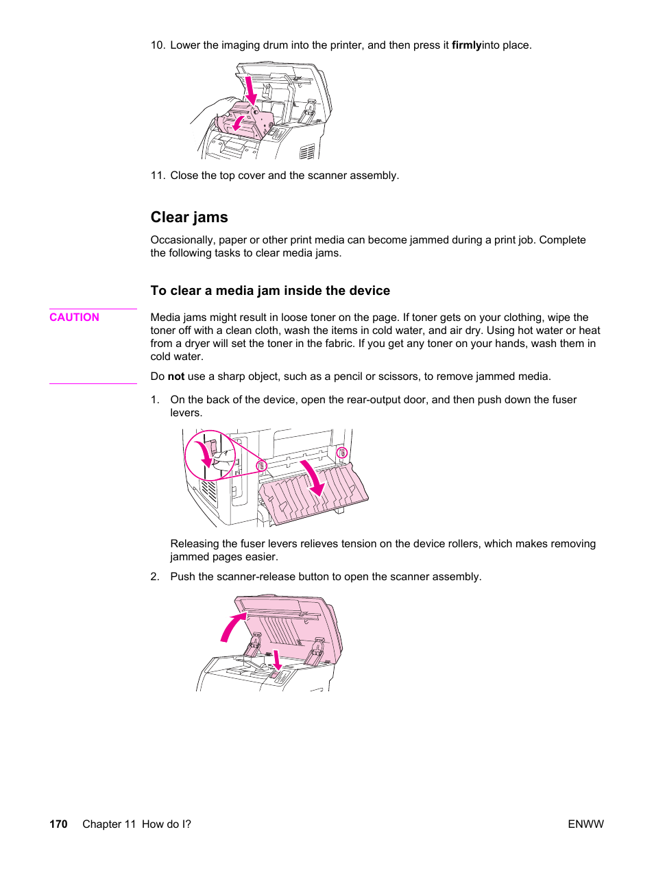 Clear jams | HP 2830 User Manual | Page 186 / 334