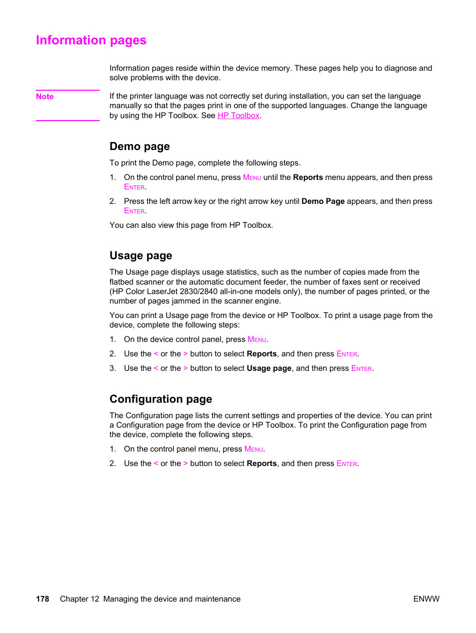 Information pages, Demo page, Usage page | Configuration page | HP 2830 User Manual | Page 194 / 334