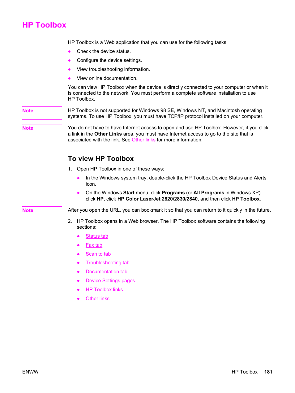 Hp toolbox, To view hp toolbox | HP 2830 User Manual | Page 197 / 334