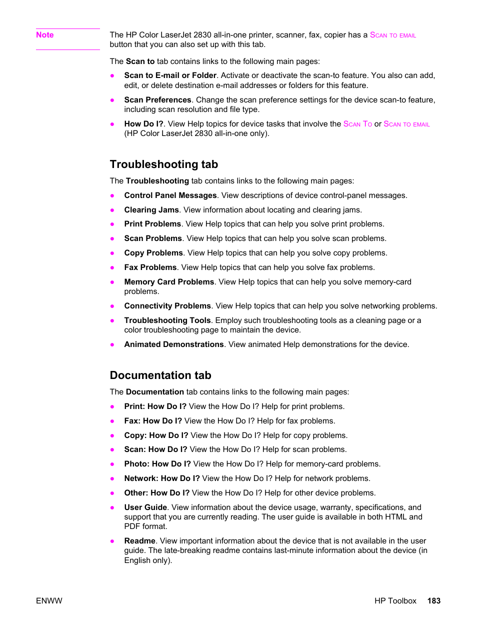 Troubleshooting tab, Documentation tab, Troubleshooting tab documentation tab | HP 2830 User Manual | Page 199 / 334