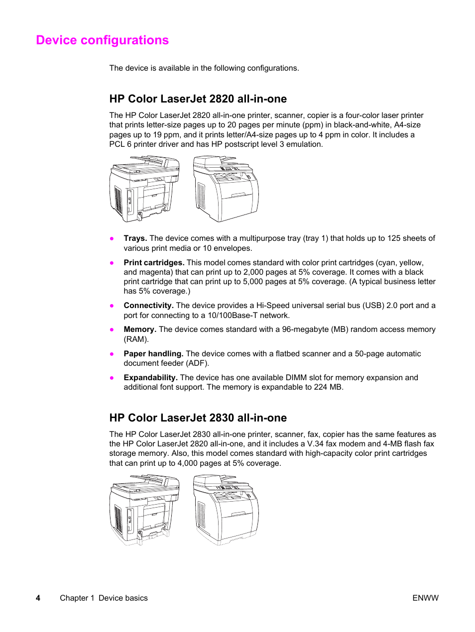 Device configurations, Hp color laserjet 2820 all-in-one, Hp color laserjet 2830 all-in-one | HP 2830 User Manual | Page 20 / 334