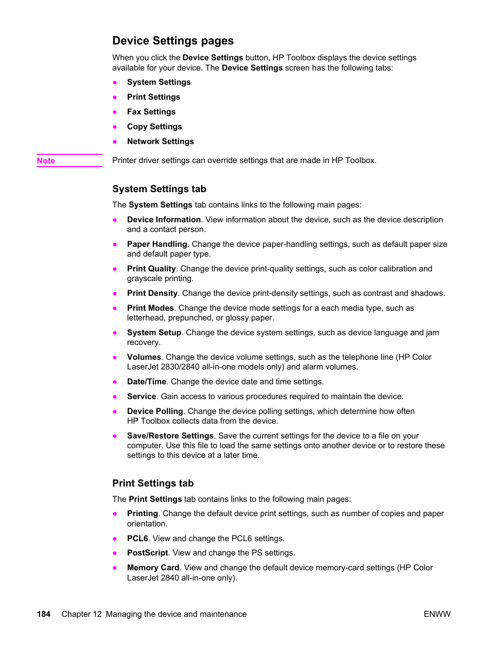 Device settings pages | HP 2830 User Manual | Page 200 / 334