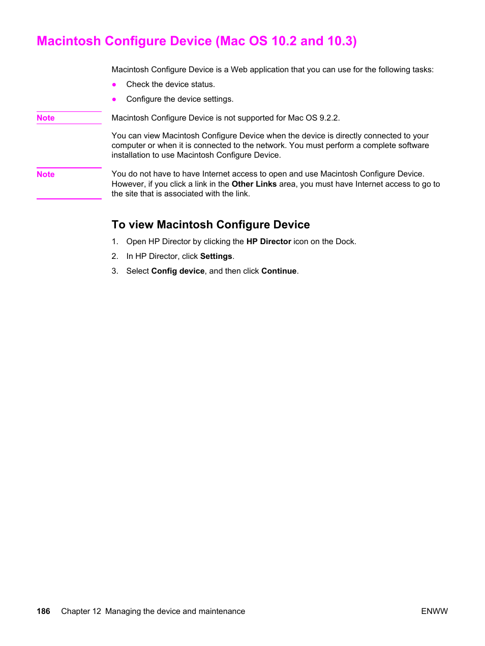 Macintosh configure device (mac os 10.2 and 10.3), To view macintosh configure device | HP 2830 User Manual | Page 202 / 334