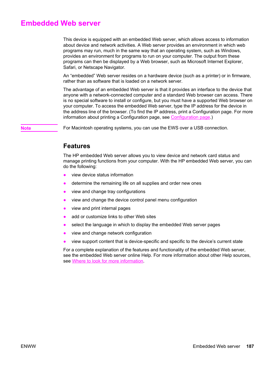 Embedded web server, Features | HP 2830 User Manual | Page 203 / 334