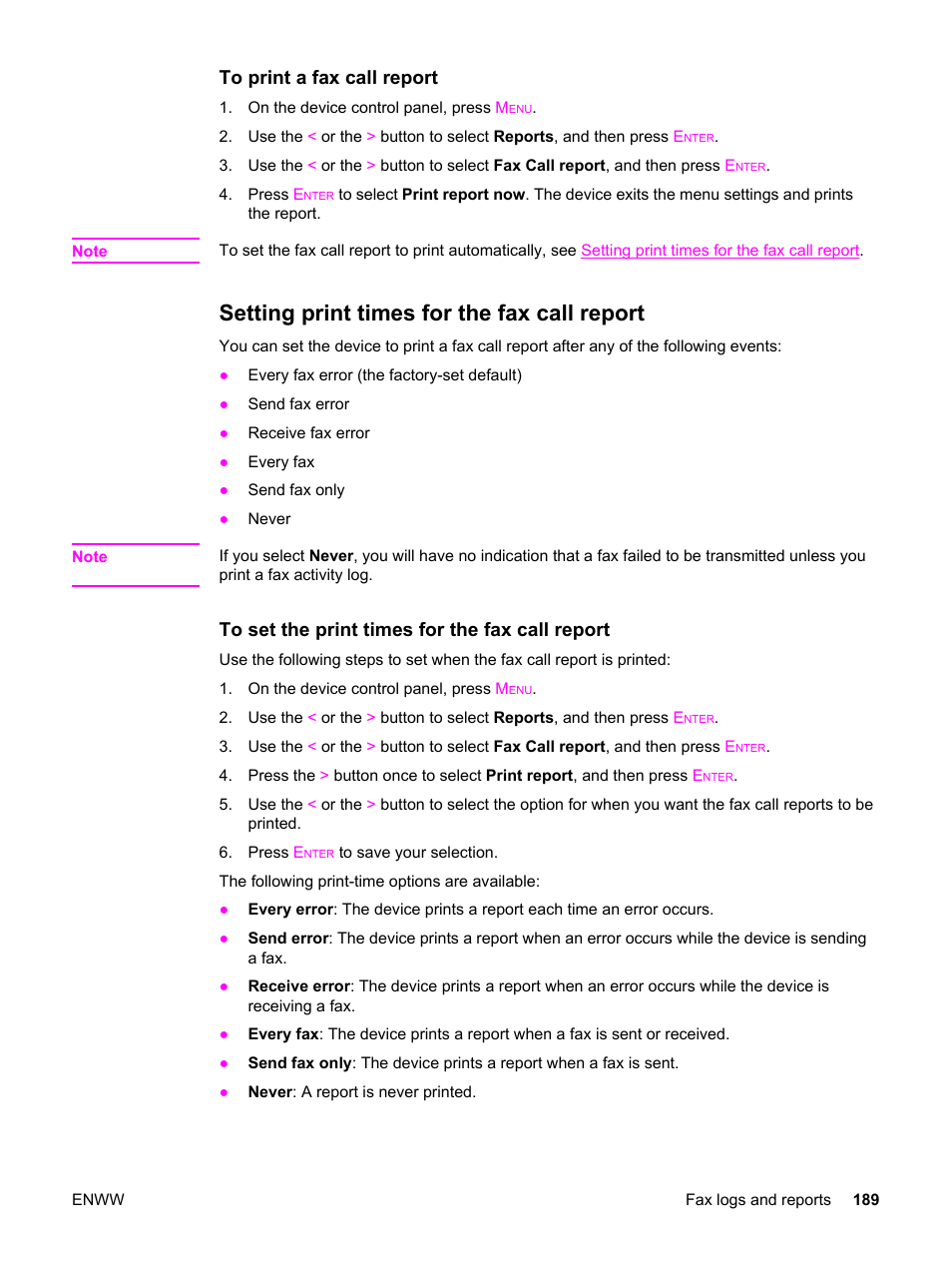 Setting print times for the fax call report, Stops the redial attempts. (see | HP 2830 User Manual | Page 205 / 334