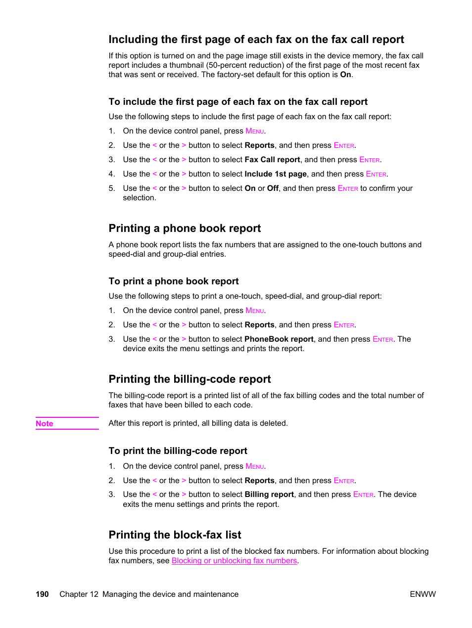 Printing a phone book report, Printing the billing-code report, Printing the block-fax list | That you have blocked, see | HP 2830 User Manual | Page 206 / 334