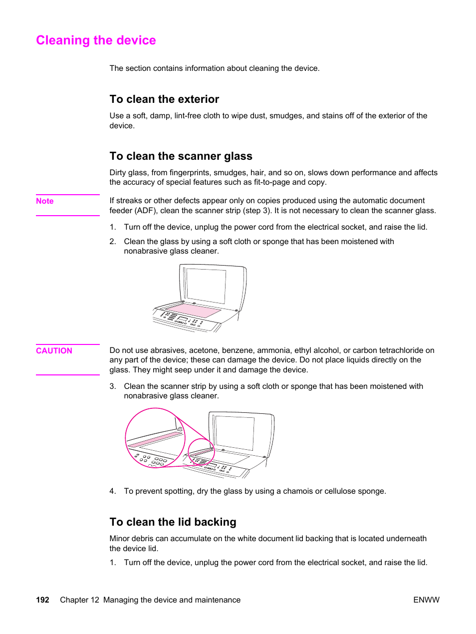 Cleaning the device, To clean the exterior, To clean the scanner glass | To clean the lid backing | HP 2830 User Manual | Page 208 / 334