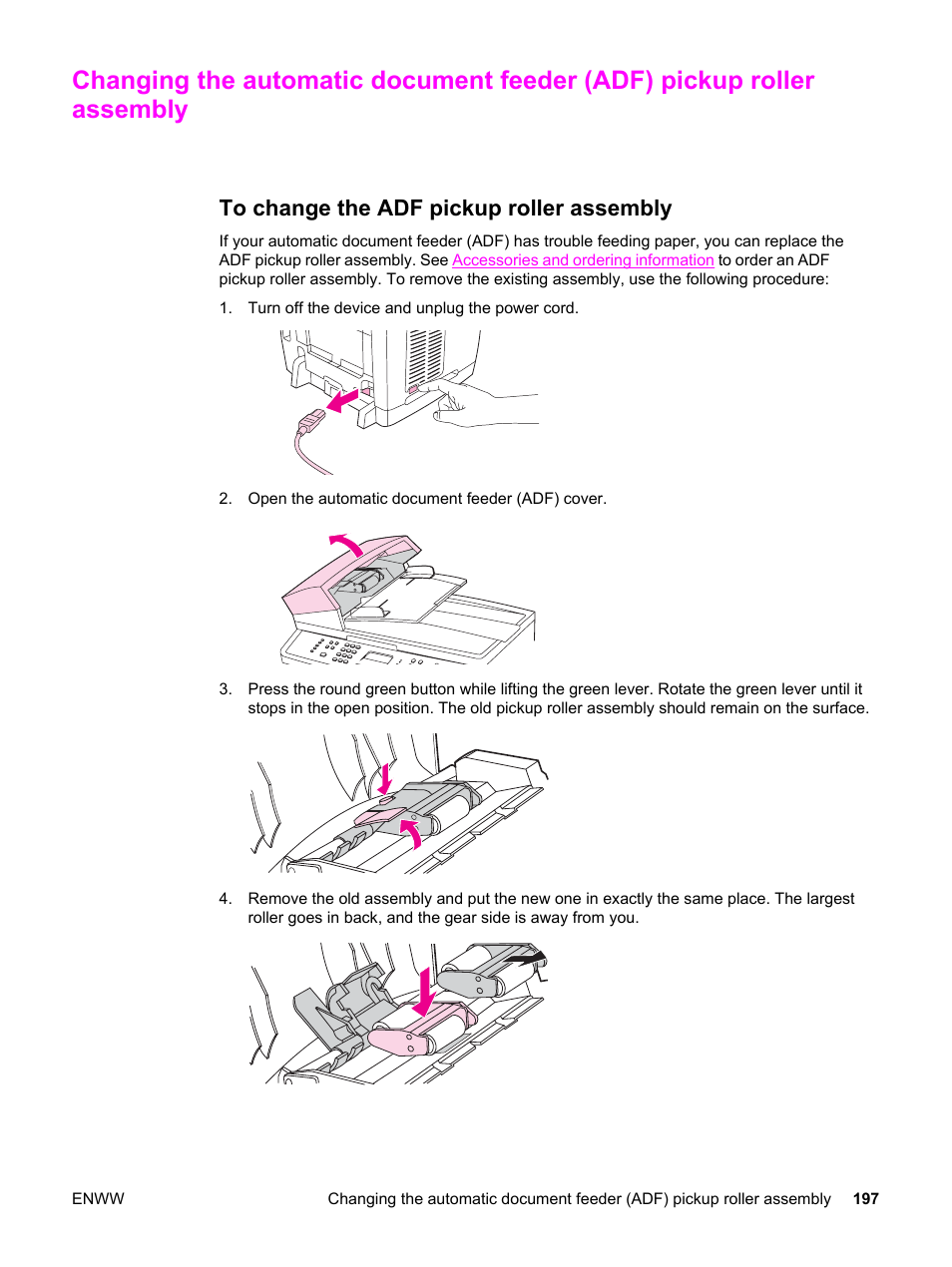 To change the adf pickup roller assembly | HP 2830 User Manual | Page 213 / 334