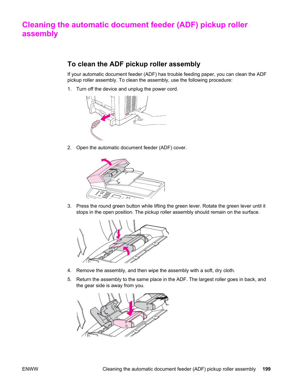 To clean the adf pickup roller assembly | HP 2830 User Manual | Page 215 / 334