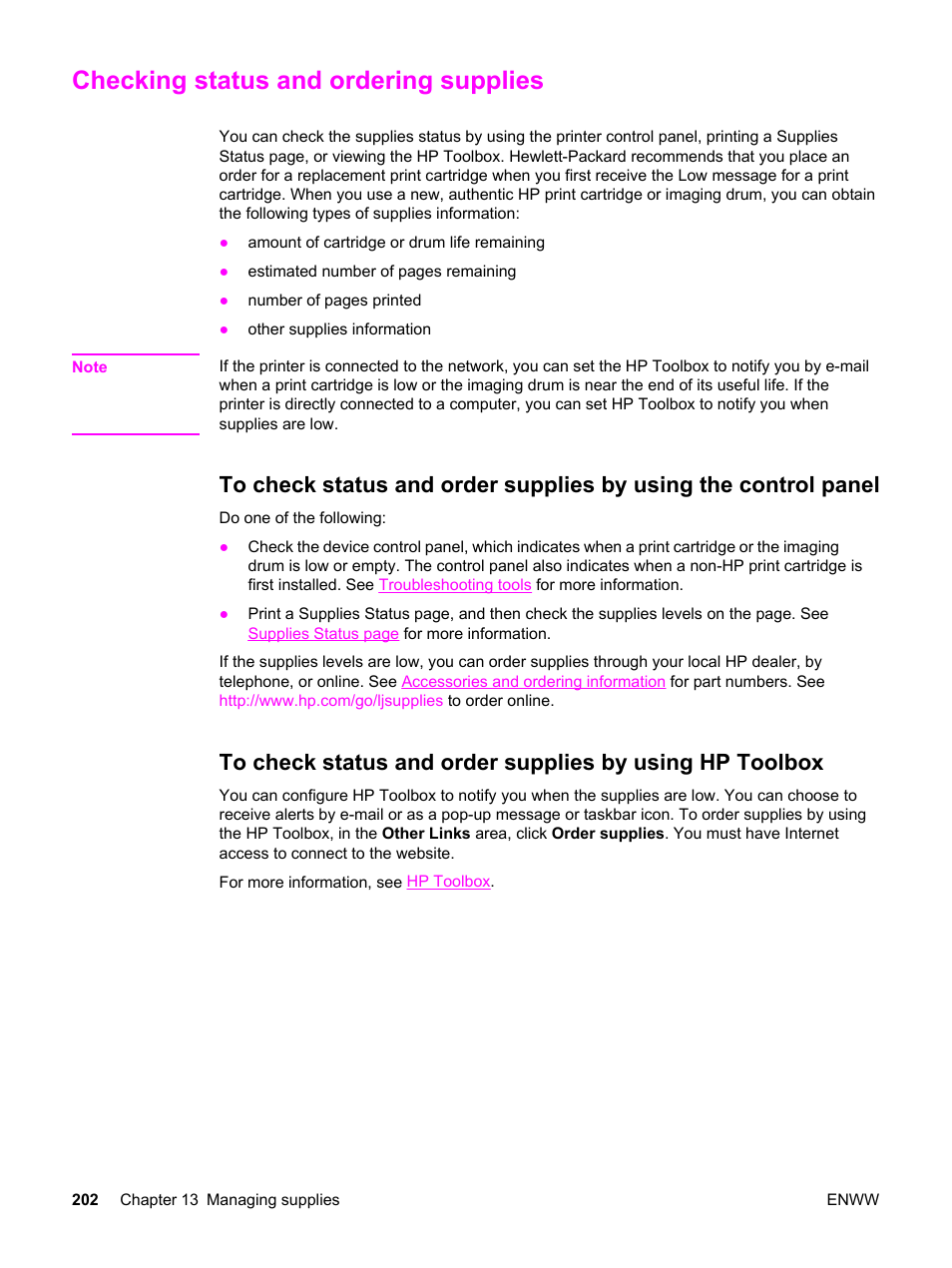 Checking status and ordering supplies | HP 2830 User Manual | Page 218 / 334