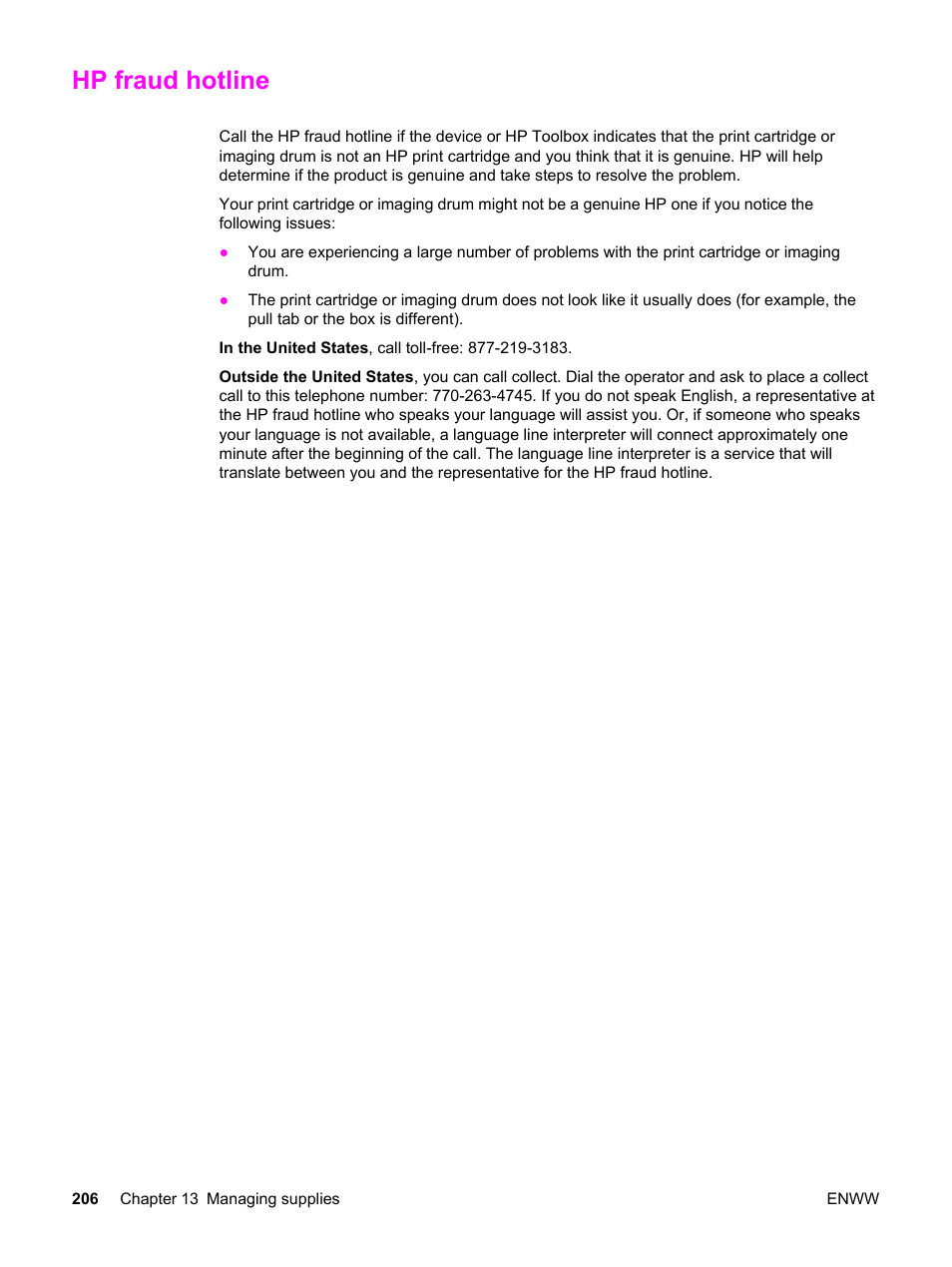 Hp fraud hotline | HP 2830 User Manual | Page 222 / 334