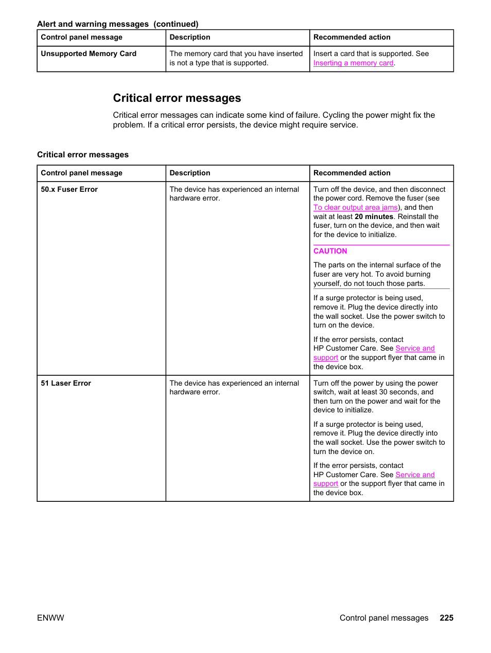 Critical error messages | HP 2830 User Manual | Page 241 / 334